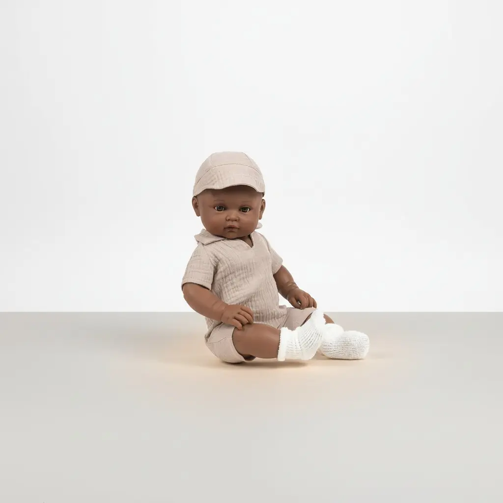 Minikane Augustin, poupon Bambinis 47cm avec ensemble salopette milleraies châtaigne et bonnet | barboteuse à chevrons beige et headband Doll 47cm in vinyl