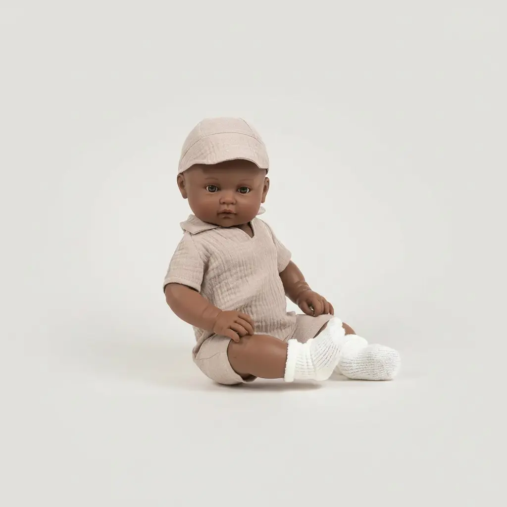 Minikane Augustin, poupon Bambinis 47cm avec ensemble salopette milleraies châtaigne et bonnet | barboteuse à chevrons beige et headband Doll 47cm in vinyl